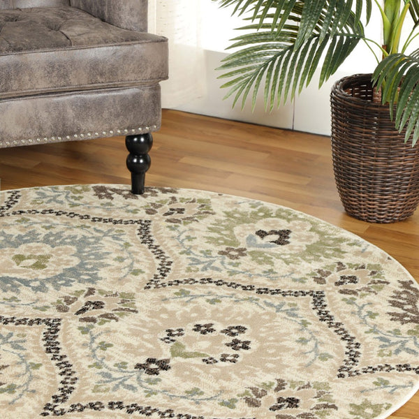 HomeRoots 8' Floral Area Rug in Brown, Beige & Gray - Durable, Stain-Resistant Design for Timeless Elegance 8' Round 486717