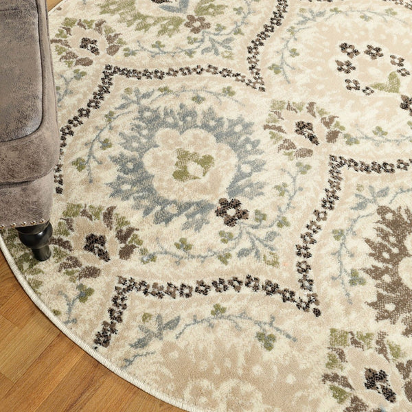 HomeRoots 8' Floral Area Rug in Brown, Beige & Gray - Durable, Stain-Resistant Design for Timeless Elegance 8' Round 486717