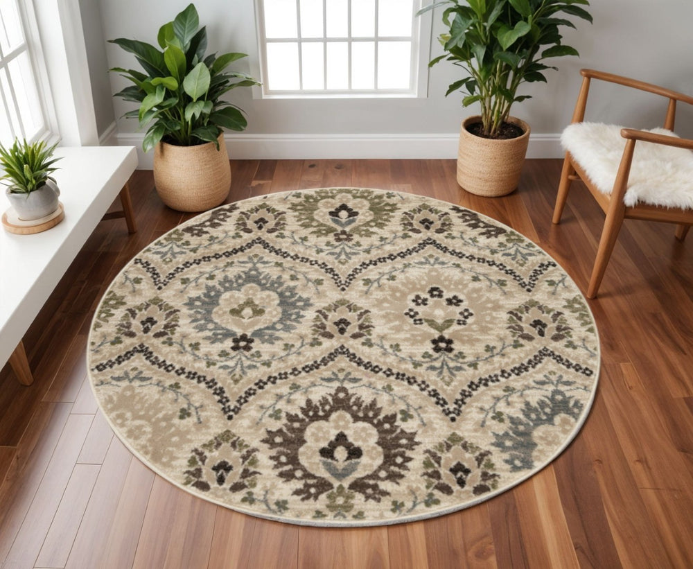 HomeRoots 8' Floral Area Rug in Brown, Beige & Gray - Durable, Stain-Resistant Design for Timeless Elegance 8' Round 486717
