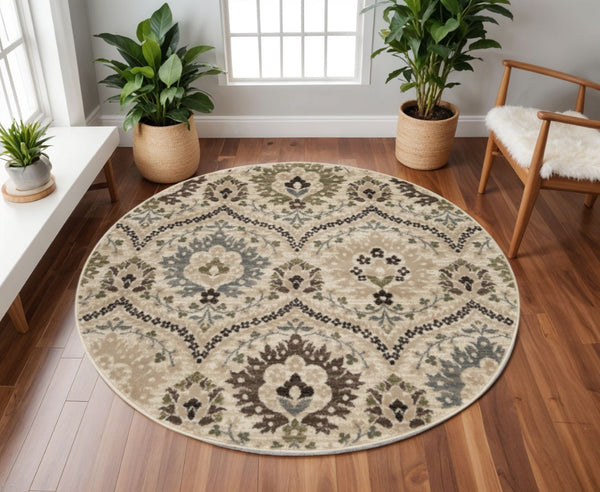 HomeRoots 8' Floral Area Rug in Brown, Beige & Gray - Durable, Stain-Resistant Design for Timeless Elegance 8' Round 486717