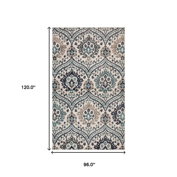 Homeroots 8' X 10' Ivory Blue And Gray Floral Stain Resistant Area Rug  Polypropylene 486720