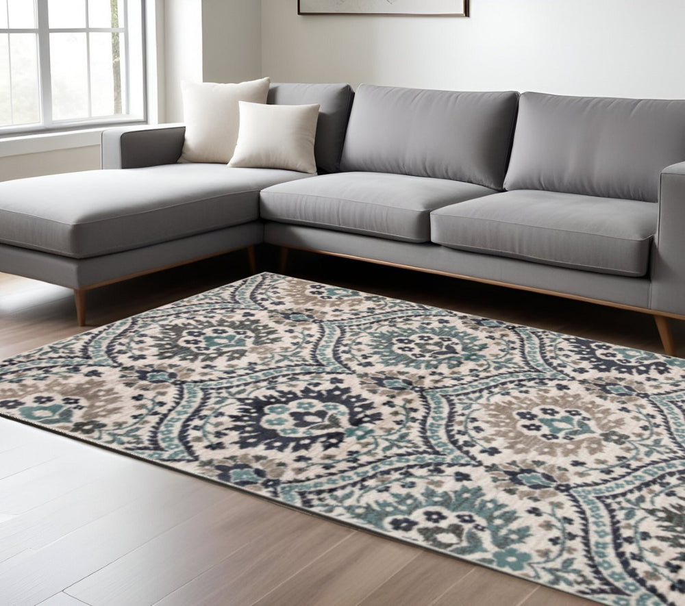 HomeRoots 8' Elegant Ivory, Blue & Gray Medallion Area Rug - Durable, Stain-Resistant, Ideal for High-Traffic Areas 8' X 10' 486720