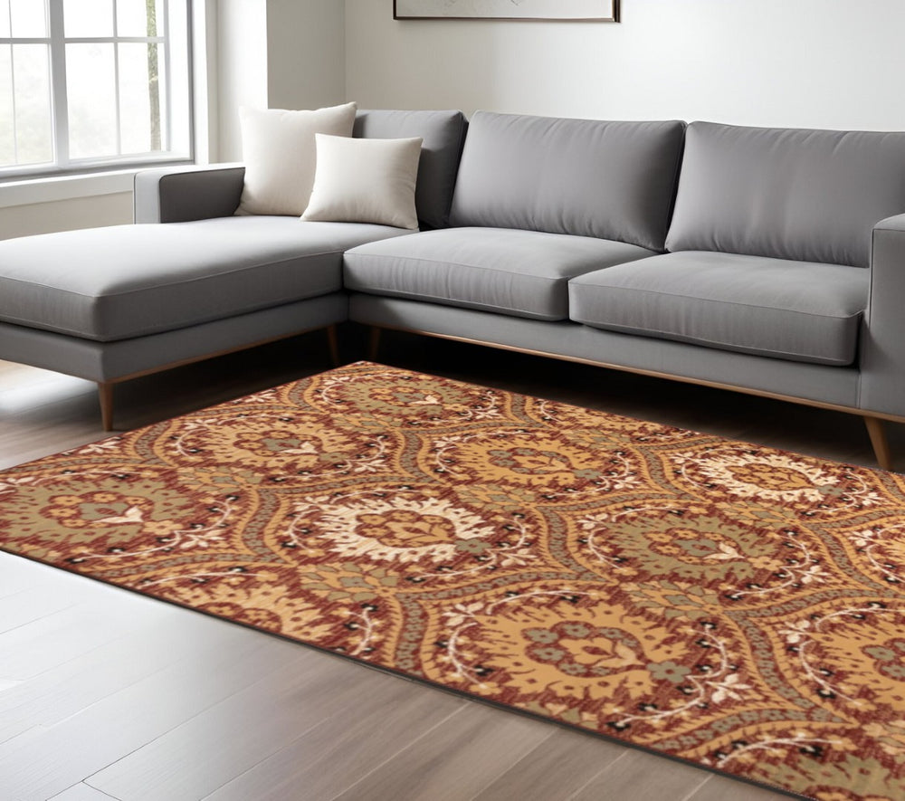 HomeRoots 8' Red and Gold Floral Area Rug - Durable, Stain-Resistant Design for High-Traffic Areas and Homes 8' X 10' 486723