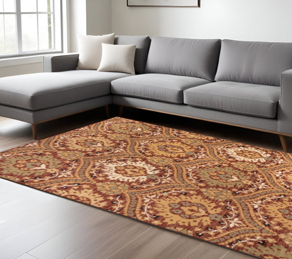 HomeRoots 8' Red and Gold Floral Area Rug - Durable, Stain-Resistant Design for High-Traffic Areas and Homes 8' X 10' 486723