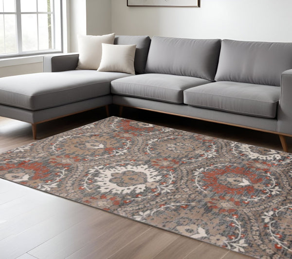 HomeRoots 8' Rust Brown and Gray Floral Area Rug - Timeless Style, Durable Design, Perfect for High-Traffic Homes 8' X 10' 486724
