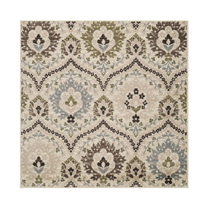 Homeroots 8' Square Ivory Gray And Olive Square Floral Stain Resistant Area Rug  Polypropylene 486725