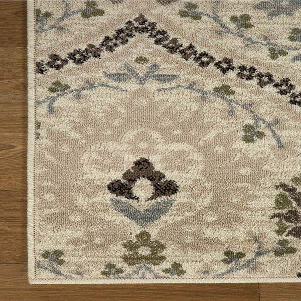 Homeroots 8' Square Ivory Gray And Olive Square Floral Stain Resistant Area Rug  Polypropylene 486725