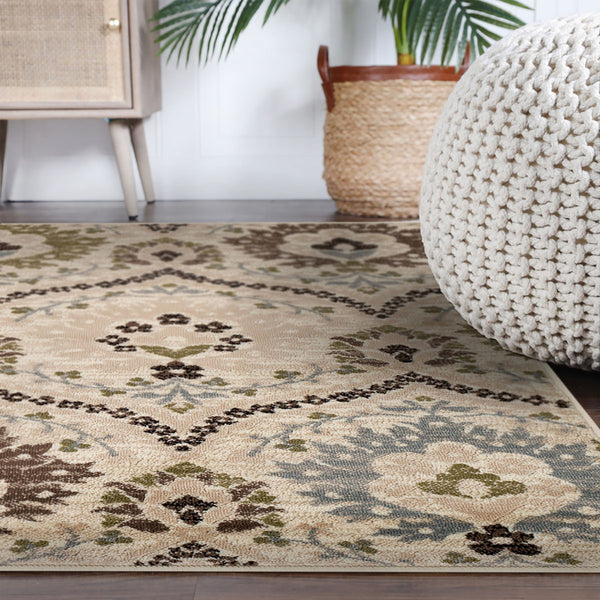 Homeroots 8' Square Ivory Gray And Olive Square Floral Stain Resistant Area Rug  Polypropylene 486725