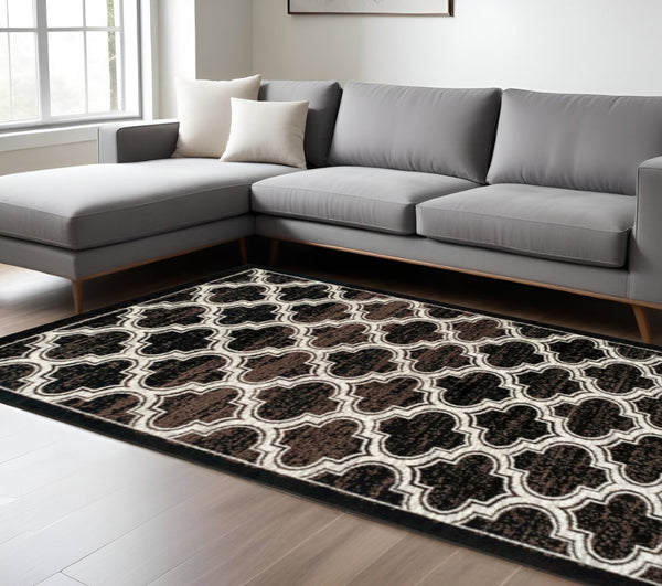 HomeRoots 8' Modern Geometric Area Rug in Black, Brown, and Ivory - Durable, Stain-Resistant Design for Homes 8' X 10' 486735