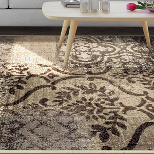 Homeroots 5' X 8' Tan And Brown Damask Distressed Stain Resistant Area Rug  Polypropylene 486763