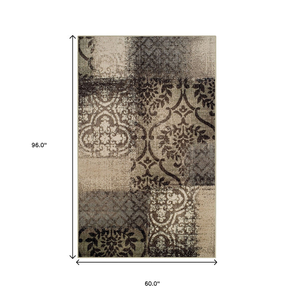 Homeroots 5' X 8' Tan And Brown Damask Distressed Stain Resistant Area Rug  Polypropylene 486763