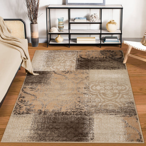Homeroots 5' X 8' Beige Gray And Black Damask Distressed Stain Resistant Area Rug  Polypropylene 486764