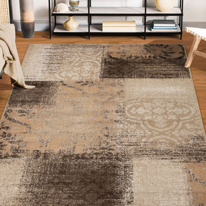 Homeroots 5' X 8' Beige Gray And Black Damask Distressed Stain Resistant Area Rug  Polypropylene 486764