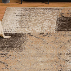 Homeroots 5' X 8' Beige Gray And Black Damask Distressed Stain Resistant Area Rug  Polypropylene 486764
