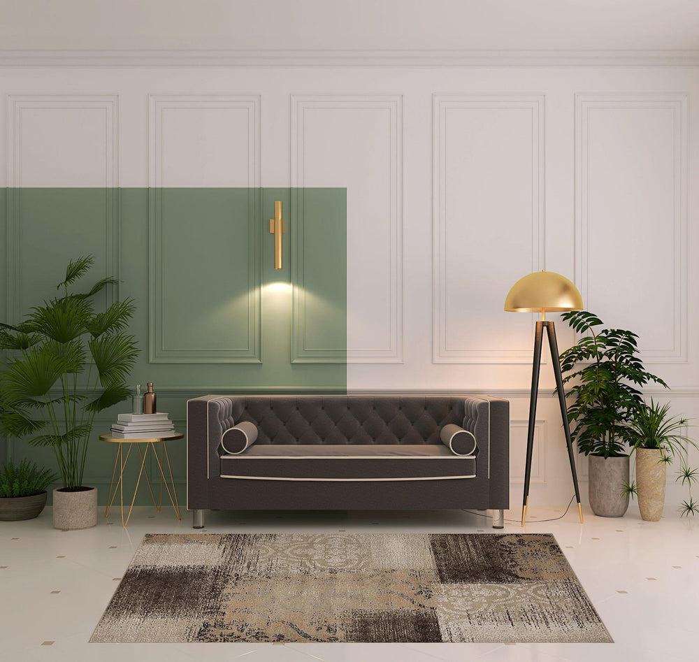 Homeroots 5' X 8' Beige Gray And Black Damask Distressed Stain Resistant Area Rug  Polypropylene 486764