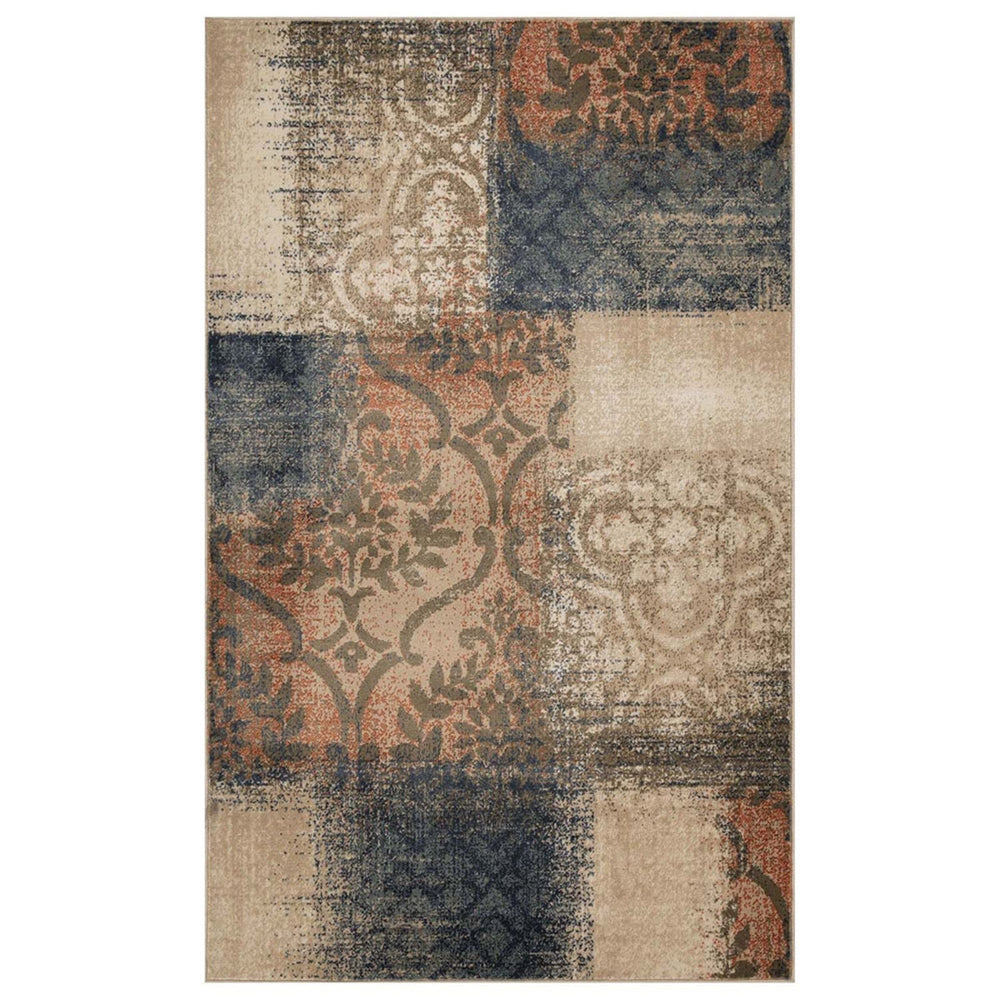 Homeroots 5' X 8' Navy And Salmon Damask Distressed Stain Resistant Area Rug  Polypropylene 486766