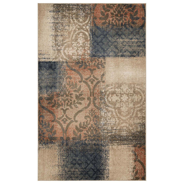 Homeroots 5' X 8' Navy And Salmon Damask Distressed Stain Resistant Area Rug  Polypropylene 486766