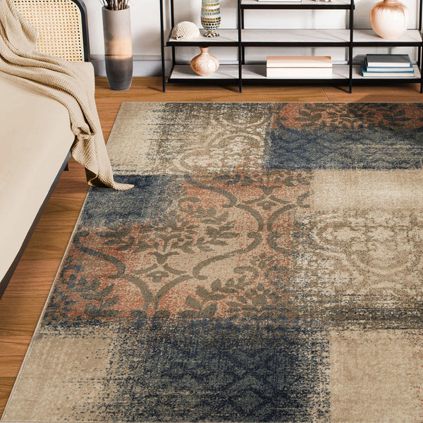 Homeroots 5' X 8' Navy And Salmon Damask Distressed Stain Resistant Area Rug  Polypropylene 486766