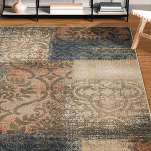 Homeroots 5' X 8' Navy And Salmon Damask Distressed Stain Resistant Area Rug  Polypropylene 486766
