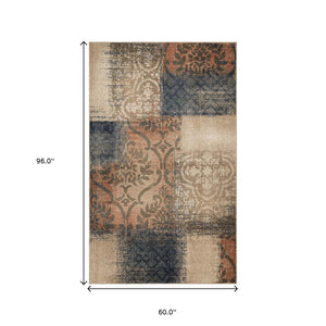 Homeroots 5' X 8' Navy And Salmon Damask Distressed Stain Resistant Area Rug  Polypropylene 486766