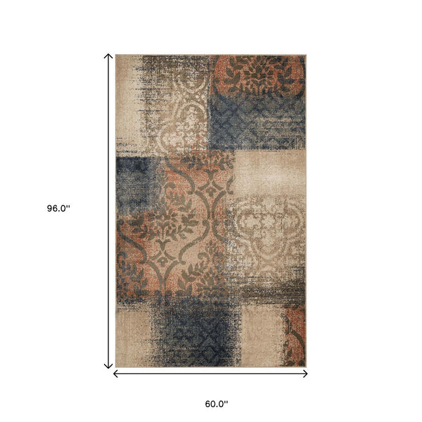Homeroots 5' X 8' Navy And Salmon Damask Distressed Stain Resistant Area Rug  Polypropylene 486766