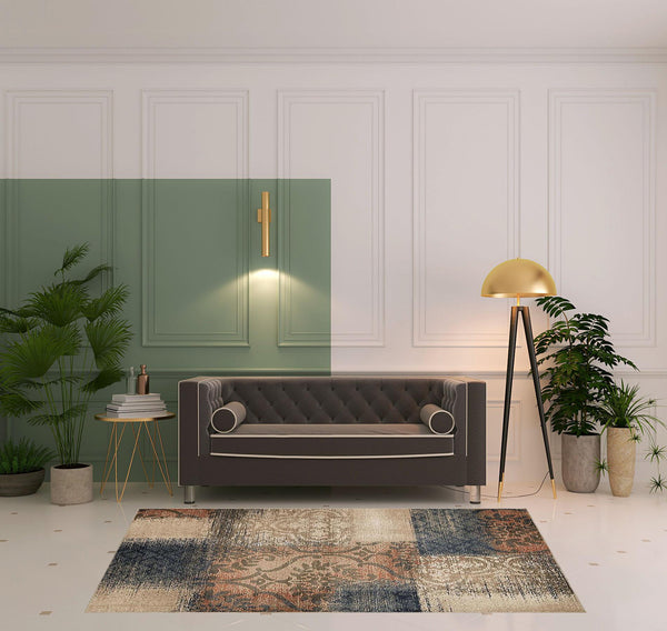 Homeroots 5' X 8' Navy And Salmon Damask Distressed Stain Resistant Area Rug  Polypropylene 486766