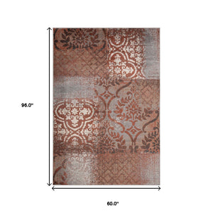 Homeroots 5' X 8' Rust And Gray Damask Distressed Stain Resistant Area Rug  Polypropylene 486767