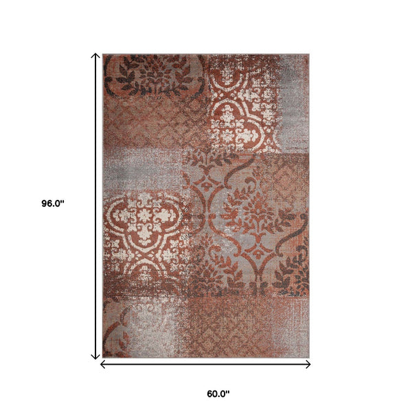 Homeroots 5' X 8' Rust And Gray Damask Distressed Stain Resistant Area Rug  Polypropylene 486767