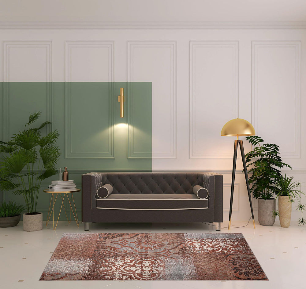 Homeroots 5' X 8' Rust And Gray Damask Distressed Stain Resistant Area Rug  Polypropylene 486767