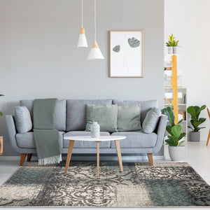 Homeroots 5' X 8' Teal And Gray Damask Distressed Stain Resistant Area Rug  Polypropylene 486768