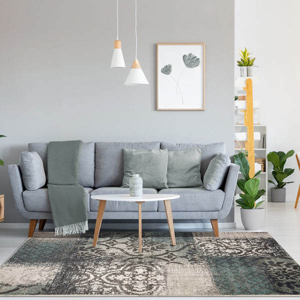 Homeroots 5' X 8' Teal And Gray Damask Distressed Stain Resistant Area Rug  Polypropylene 486768