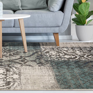 Homeroots 5' X 8' Teal And Gray Damask Distressed Stain Resistant Area Rug  Polypropylene 486768