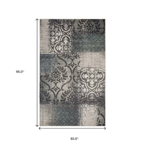 Homeroots 5' X 8' Teal And Gray Damask Distressed Stain Resistant Area Rug  Polypropylene 486768