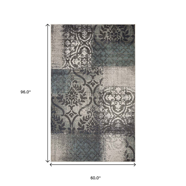 Homeroots 5' X 8' Teal And Gray Damask Distressed Stain Resistant Area Rug  Polypropylene 486768