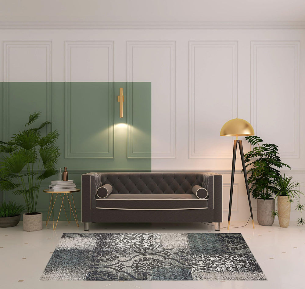 Homeroots 5' X 8' Teal And Gray Damask Distressed Stain Resistant Area Rug  Polypropylene 486768