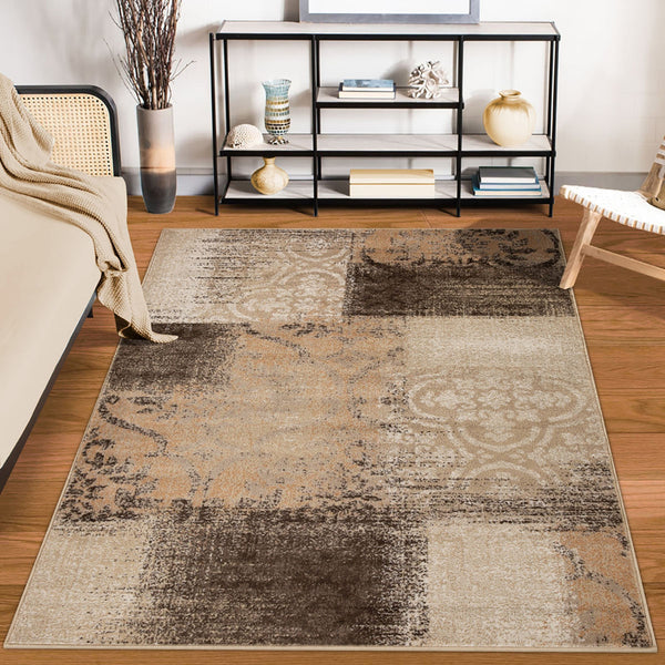 Homeroots 7' X 9' Beige Gray And Black Damask Distressed Stain Resistant Area Rug  Polypropylene 486769