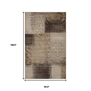 Homeroots 7' X 9' Beige Gray And Black Damask Distressed Stain Resistant Area Rug  Polypropylene 486769