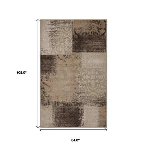 Homeroots 7' X 9' Beige Gray And Black Damask Distressed Stain Resistant Area Rug  Polypropylene 486769