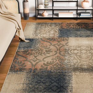 Homeroots 7' X 9' Navy And Salmon Damask Distressed Stain Resistant Area Rug  Polypropylene 486770