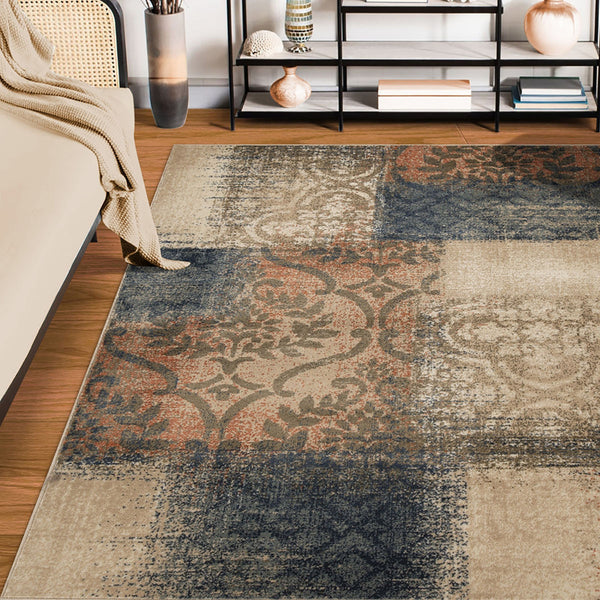 Homeroots 7' X 9' Navy And Salmon Damask Distressed Stain Resistant Area Rug  Polypropylene 486770