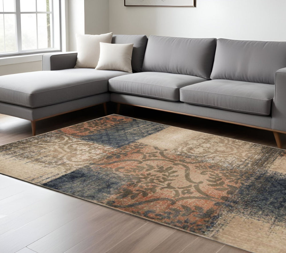 HomeRoots 7' Blue and Ivory Damask Area Rug - Timeless Elegance with Stain-Resistant Durability for Any Space 7' X 9' 486770