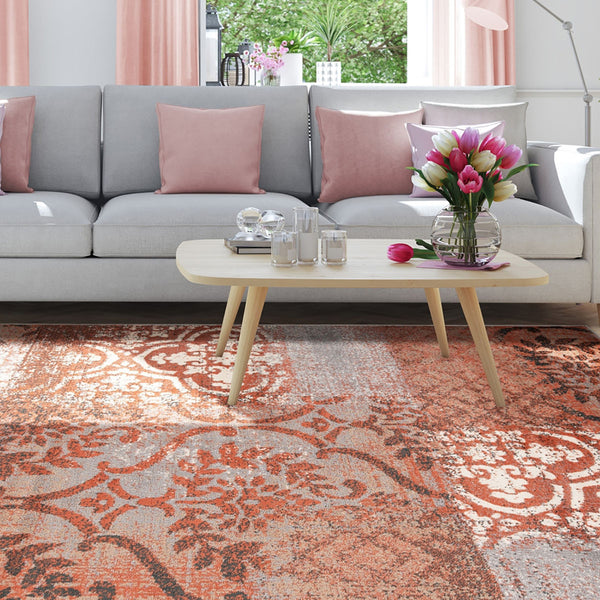Homeroots 7' X 9' Rust And Gray Damask Distressed Stain Resistant Area Rug  Polypropylene 486771