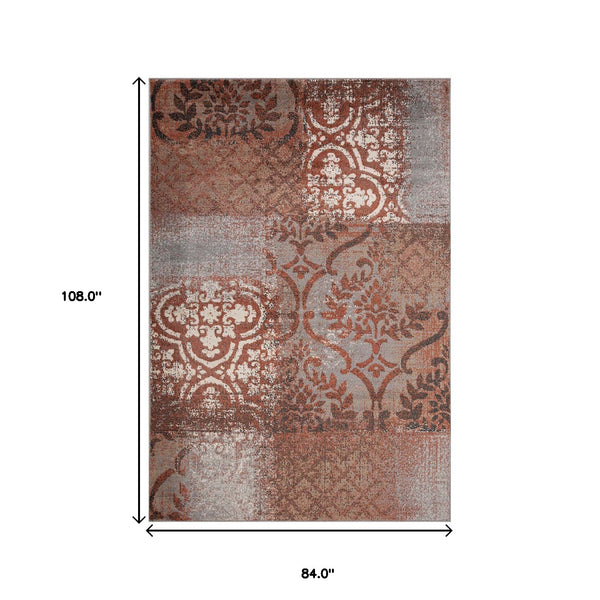 Homeroots 7' X 9' Rust And Gray Damask Distressed Stain Resistant Area Rug  Polypropylene 486771
