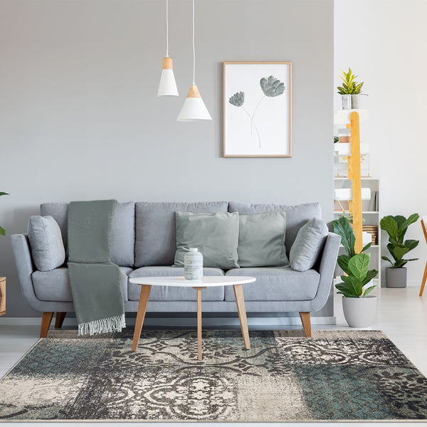 Homeroots 7' X 9' Teal And Gray Damask Distressed Stain Resistant Area Rug  Polypropylene 486772