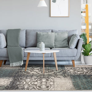 Homeroots 7' X 9' Teal And Gray Damask Distressed Stain Resistant Area Rug  Polypropylene 486772