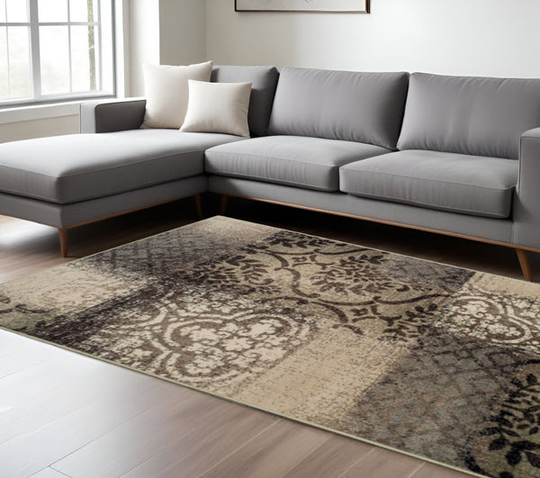 HomeRoots 8' Tan and Brown Damask Distressed Area Rug - Elegant, Durable, Stain-Resistant Design for Every Home 8' X 10' 486773