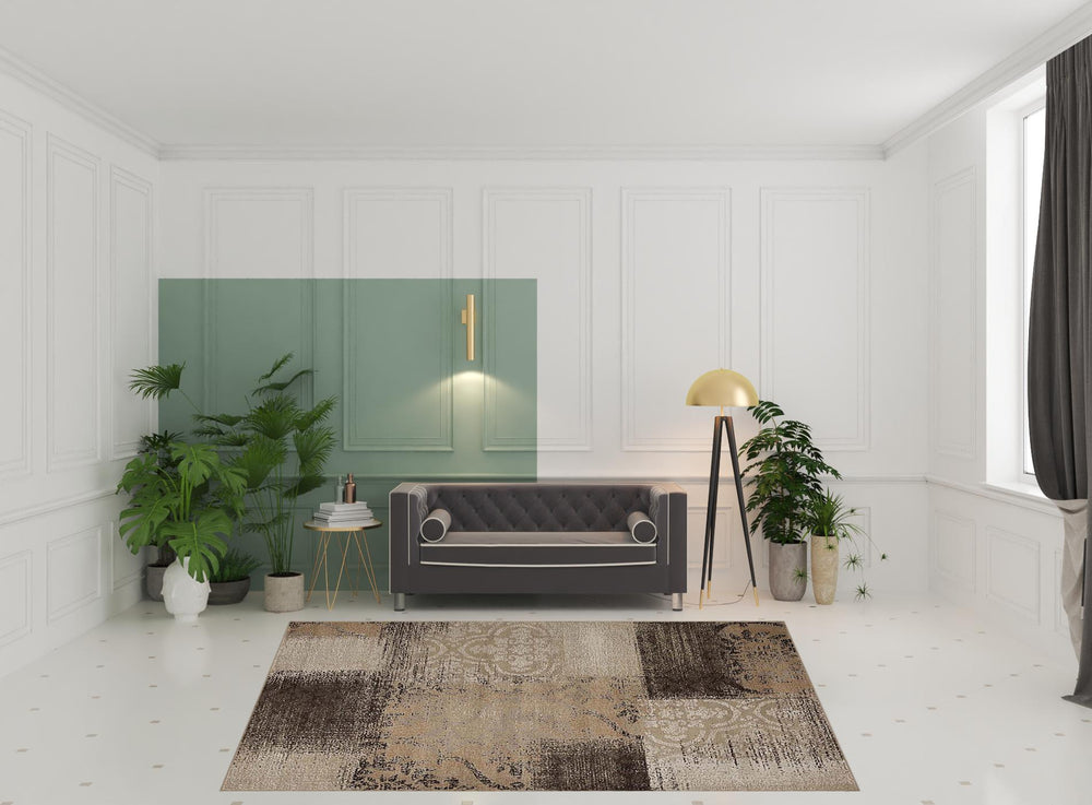 Homeroots 8' X 10' Beige Gray And Black Damask Distressed Stain Resistant Area Rug  Polypropylene 486774