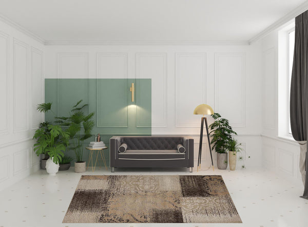 Homeroots 8' X 10' Beige Gray And Black Damask Distressed Stain Resistant Area Rug  Polypropylene 486774