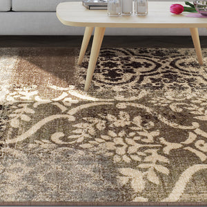 Homeroots 8' X 10' Ivory Light Blue Damask Distressed Stain Resistant Area Rug  Polypropylene 486775