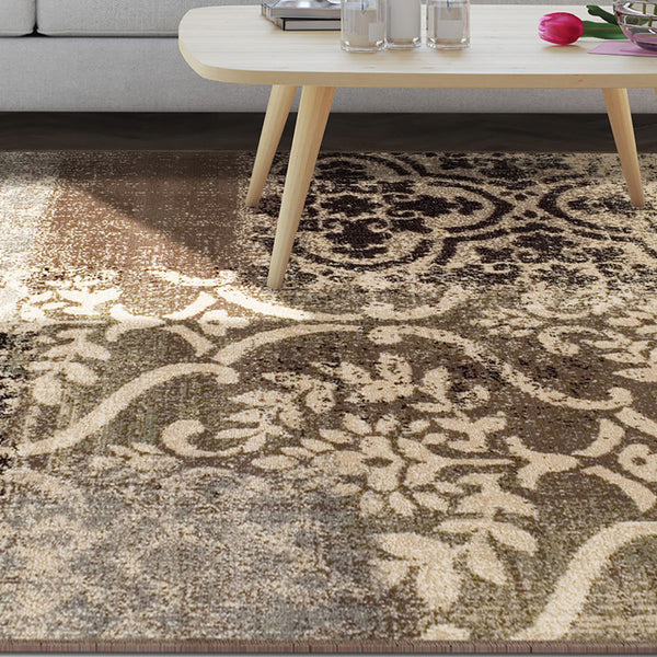 Homeroots 8' X 10' Ivory Light Blue Damask Distressed Stain Resistant Area Rug  Polypropylene 486775